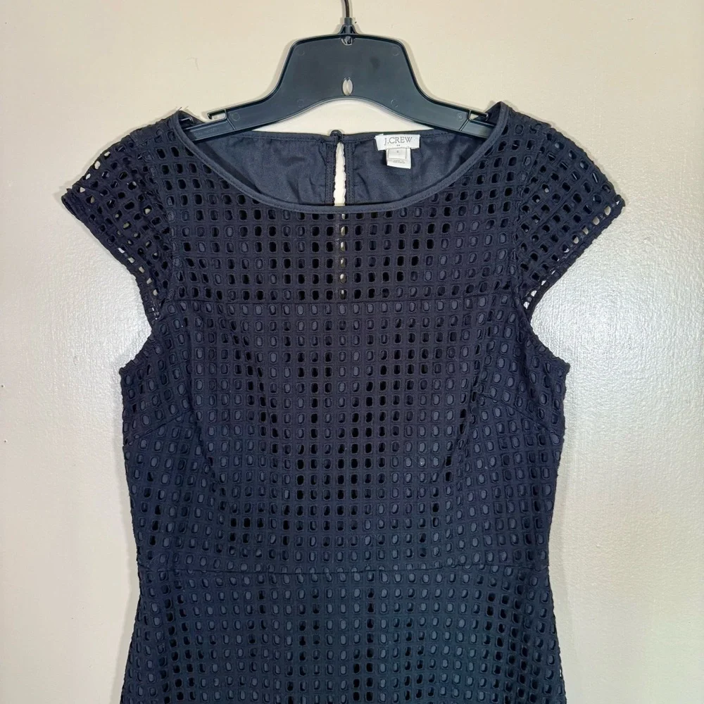 J Crew Laser Cut Net Grid Cap Sleeve Black Mini Dress Size 6